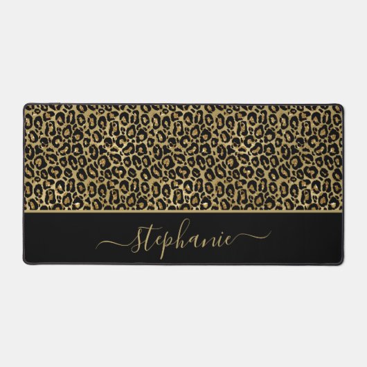 Chic Gold Glitzer Leopard Animal Print Monogram Schreibtischunterlage (Vorderseite)