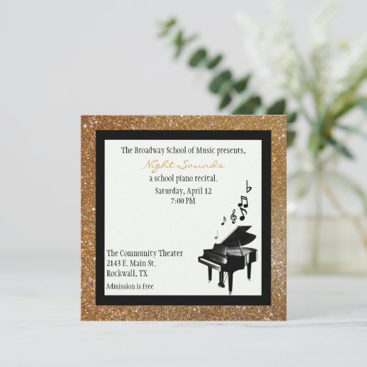 Chic Gold Glitzer Look Piano Einladung (Stehend Vorderseite)