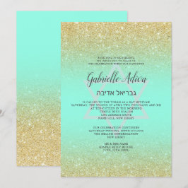Chic Gold Glitzer Minze aquamarine Drehbuch Bat Mi Einladung