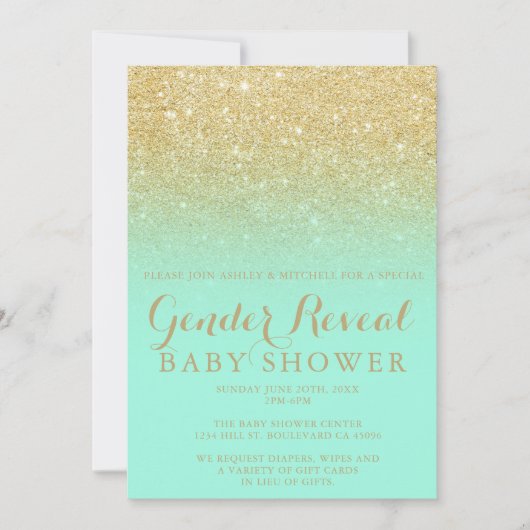 Chic Gold Glitzer Minze moderne Geschlecht offenba Einladung (Vorderseite)