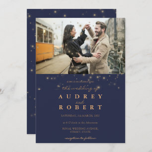 Chic Gold Glitzer Navy Blue Foto Hochzeit Einladung