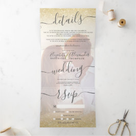 Chic gold Glitzer ombre White Script Foto Hochzeit Dreifach Gefaltete Einladung