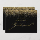Chic Gold Glitzer Script Black Bridesmaid Einladung (Vorne/Hinten)