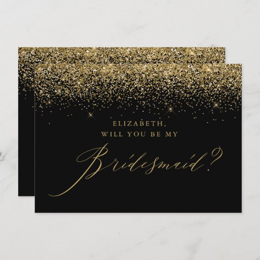 Chic Gold Glitzer Script Black Bridesmaid Einladung (Vorne/Hinten)