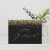 Chic Gold Glitzer Script Black Bridesmaid Einladung (Stehend Vorderseite)