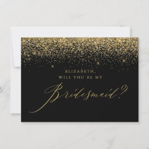 Chic Gold Glitzer Script Black Bridesmaid Einladung