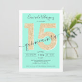 Chic Gold Glitzer Skript Minze quinceanera Foto Einladung (Stehend Vorderseite)