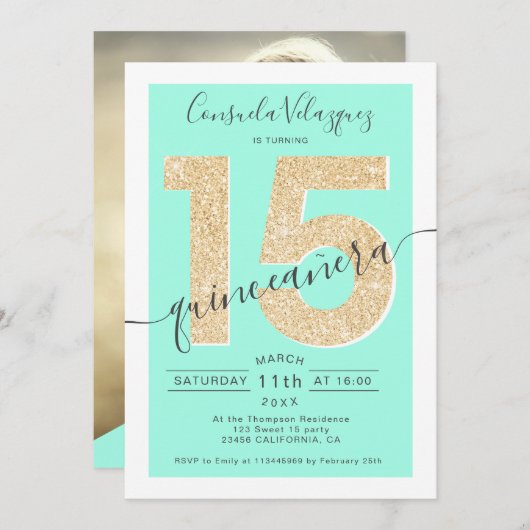 Chic Gold Glitzer Skript Minze quinceanera Foto Einladung (Vorne/Hinten)