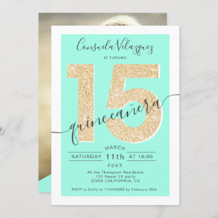 Chic Gold Glitzer Skript Minze quinceanera Foto Einladung