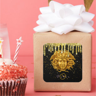 Chic Gold Glitzer Tropfen Medusa Script Haute Cout Quadratischer Aufkleber