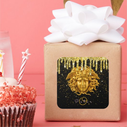 Chic Gold Glitzer Tropfen Medusa Script Haute Cout Quadratischer Aufkleber (Party)