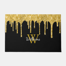 Chic Gold Glitzer Tropfen Monogram Name Black Fußmatte