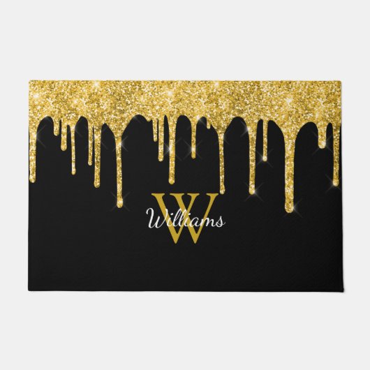 Chic Gold Glitzer Tropfen Monogram Name Black Fußmatte (Vorderseite)