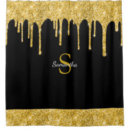 Chic Gold Glitzer Tropfen Sparkle Black Monogram N Duschvorhang