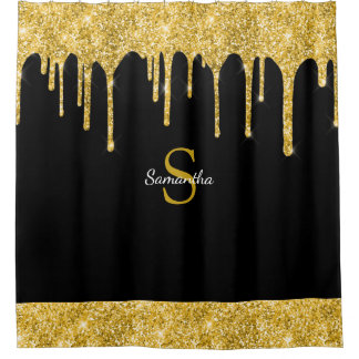 Chic Gold Glitzer Tropfen Sparkle Black Monogram N Duschvorhang