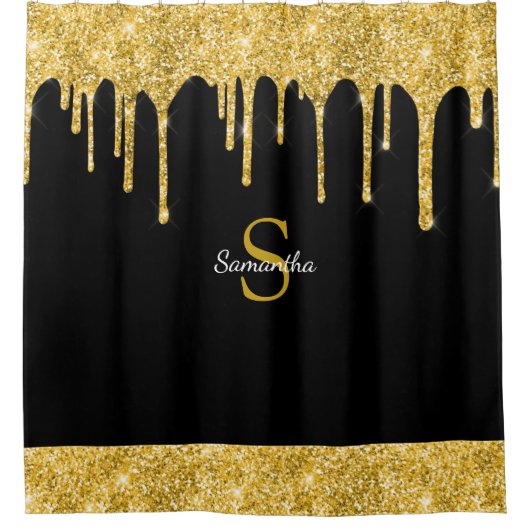 Chic Gold Glitzer Tropfen Sparkle Black Monogram N Duschvorhang (Vorderseite)