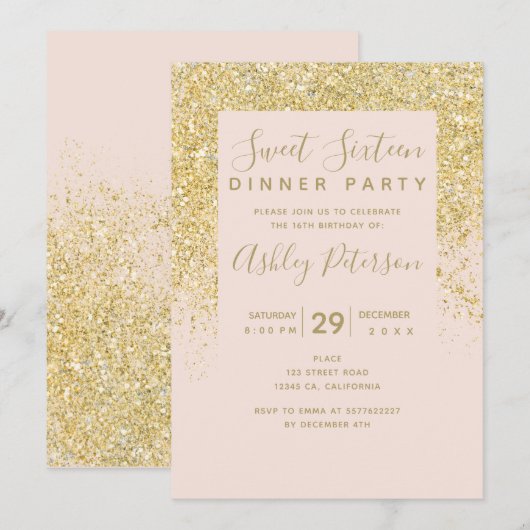 Chic gold Glitzer typografisch rot Rosa Sweet 16 Einladung (Vorne/Hinten)