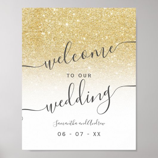 Chic Gold Glitzer White Script willkommen Hochzeit Poster (Vorne)