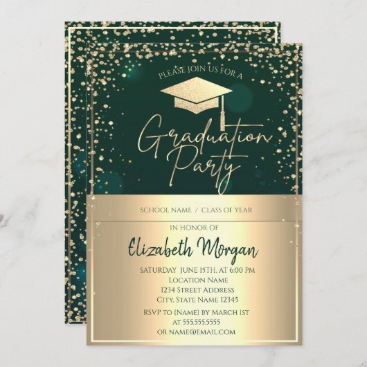 Chic Gold Grad Cap, Diamonds Green Abschluss Einladung (Vorne/Hinten)