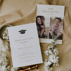 Chic Gold Grad Cap Foto Double Graduation Party Einladung