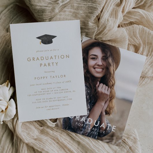Chic Gold Grad Cap Foto Graduation Party Einladung