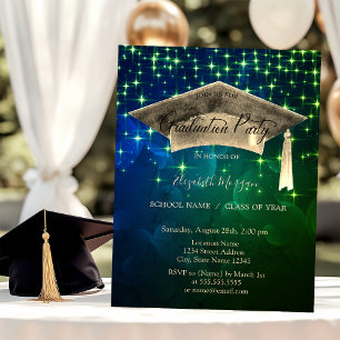 Chic Gold Graduation Cap, Stars Green Abschluss Einladung