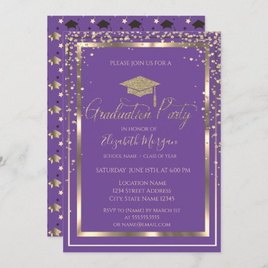 Chic Gold Graduation Cap Violet Abschluss Einladung (Vorne/Hinten)