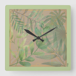 Chic Gold Green Leaf Abstrakt Gold Muster Quadratische Wanduhr