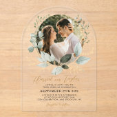 Chic Gold Greenery Eucalyptus Photo Wedding Arch Acryleinladungen (Vorderseite)