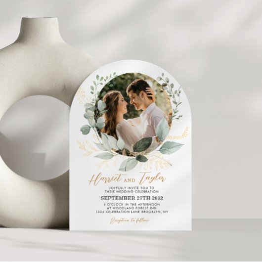 Chic Gold Greenery Eucalyptus Photo Wedding Arch Einladung