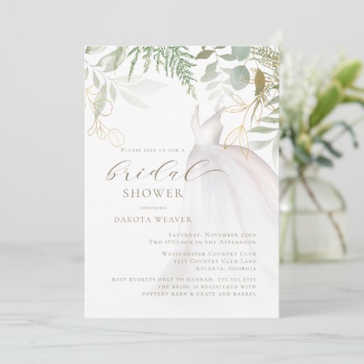 Chic Gold Greenery Wedding Dress Brautparty Einladung (Stehend Vorderseite)