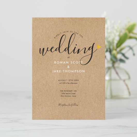 Chic Gold Heart Rustic Kraft Foto Wedding Einladung (Stehend Vorderseite)