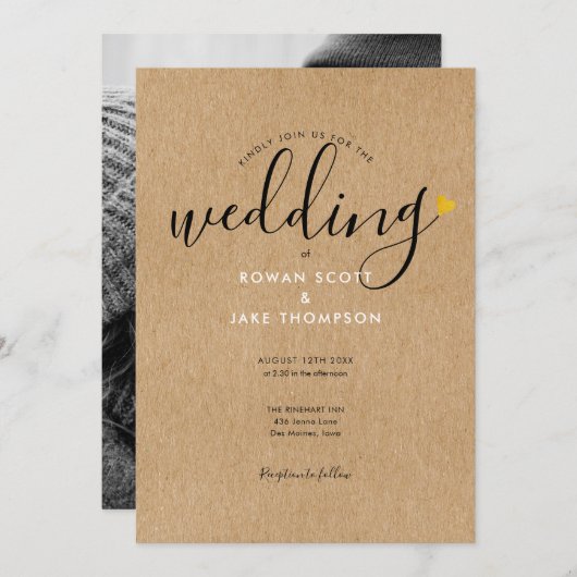 Chic Gold Heart Rustic Kraft Foto Wedding Einladung (Vorne/Hinten)