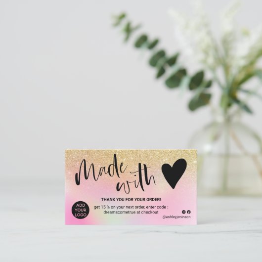 Chic gold holografische Dankeschön mit Liebe gemac Visitenkarte (Stehend Vorderseite)