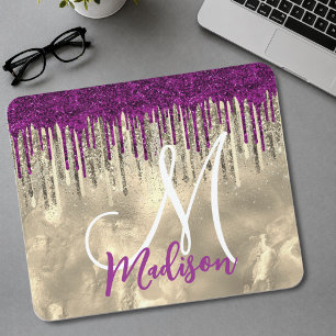 Chic Gold, Hot Pink Lila Glitter-Tropfen-Monogramm Mousepad