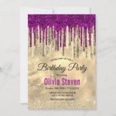 Chic gold hot pink lila Glitzer Tropfen Monogramm Einladung (Vorderseite)