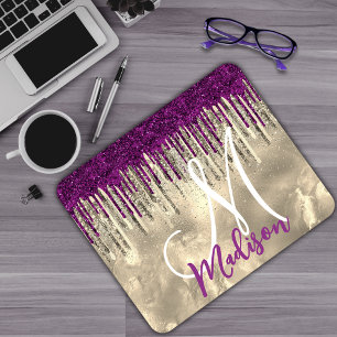 Chic gold, Hot-pink lila Glitzer Tropfen Monogramm Mousepad