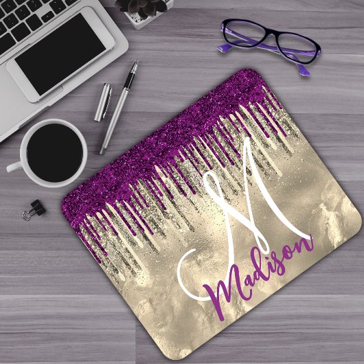 Chic gold, Hot-pink lila Glitzer Tropfen Monogramm Mousepad