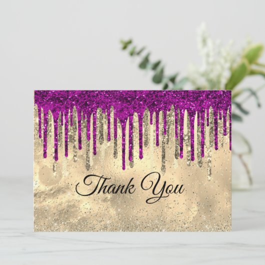 Chic gold Hot Rosa lila Glitzer Tropfen Dankeskarte (Stehend Vorderseite)