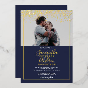 Chic gold Konfetti Marine Typografie Foto Hochzeit Folieneinladung