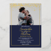 Chic gold Konfetti Marine Typografie Foto Hochzeit Folieneinladung (Vorderseite)