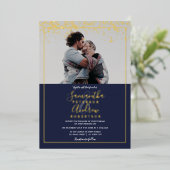 Chic gold Konfetti Marine Typografie Foto Hochzeit Folieneinladung (Stehend vorne)