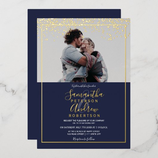 Chic gold Konfetti Marine Typografie Foto Hochzeit Folieneinladung (Vorderseite/Rückseite)