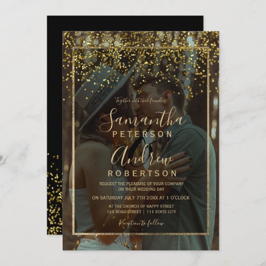 Chic gold Konfetti Typografie Foto Hochzeit Einladung (Vorne/Hinten)