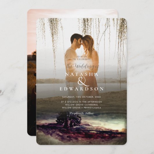 Chic Gold Landscape Overlay 2 Fotos Hochzeit Einladung (Vorne/Hinten)