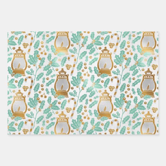 Chic Gold Lanterns & Holly Wrapping Paper Sheets Geschenkpapier Set (Vorderseite)
