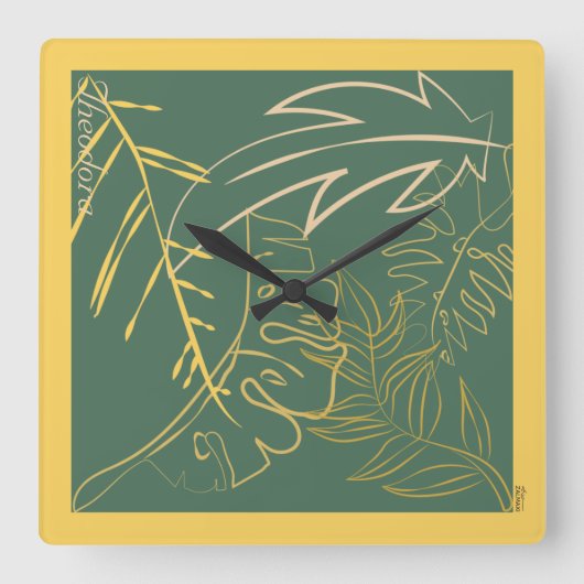 Chic Gold Leaf Grüner Hintergrund Quadratische Wanduhr (Vorderseite)