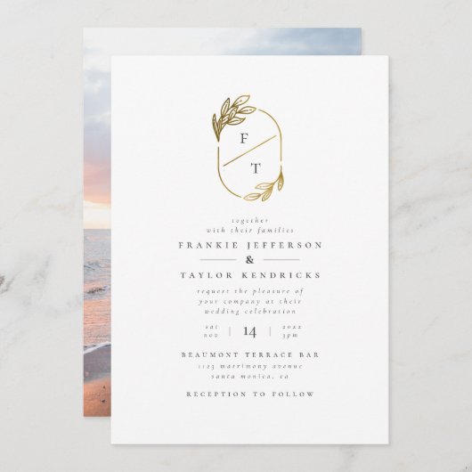 Chic Gold Leaf Monogram | Minimalistisches Hochzei Einladung (Vorne/Hinten)