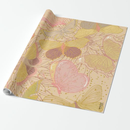 Chic Gold Leaf und Butterfly Rosa Hintergrund Geschenkpapier (Ungerollt)