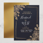 Chic Gold Line Art Blumen Einladung (Vorne/Hinten)